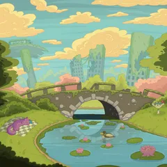 A purple cat napping on a checkered picnic blanket by a stone bridge and lily-pad pond, overgrown skyscrapers in soft pastel greens behind